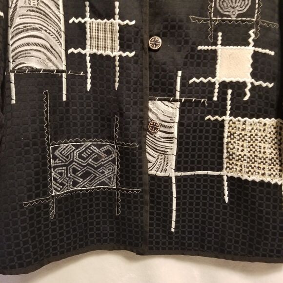 Allure M Blazer Jacket Long Sleeve Button Black Mixed Media Lagenlook Career VTG - Picture 3 of 9